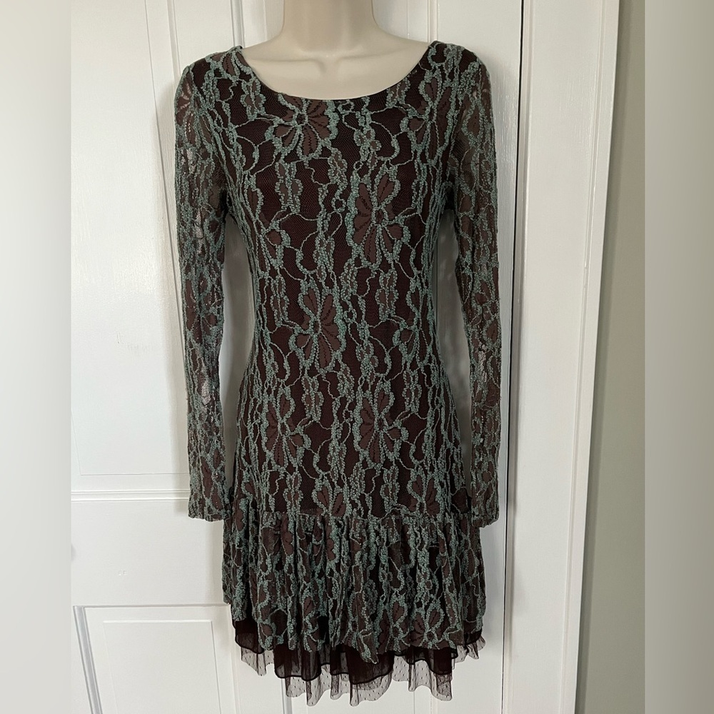 Nwt Anthropologie A’reve Lace Romantic Dress Teal Brown Long Sleeve Size Small